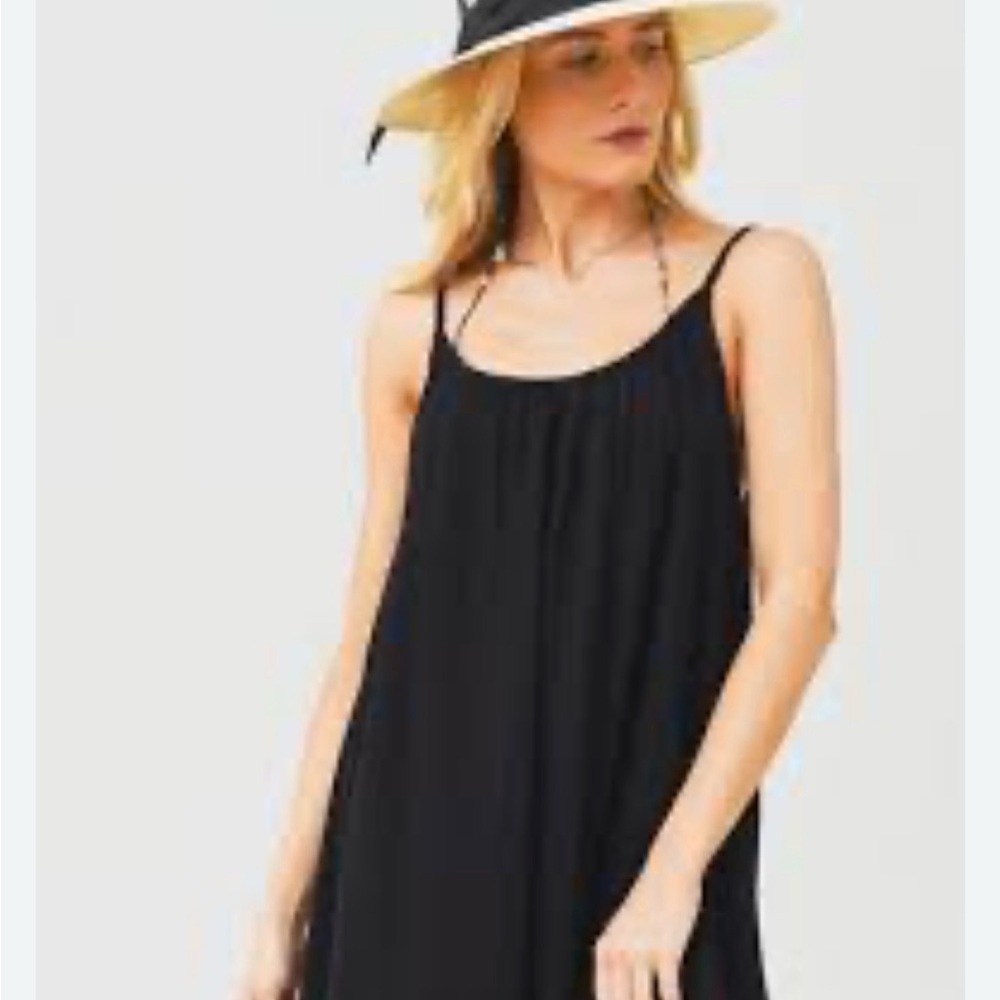 Dip Gauzy Rounded Neckline, Spaghetti Strap Mini Resort Dress, Black, Size M
